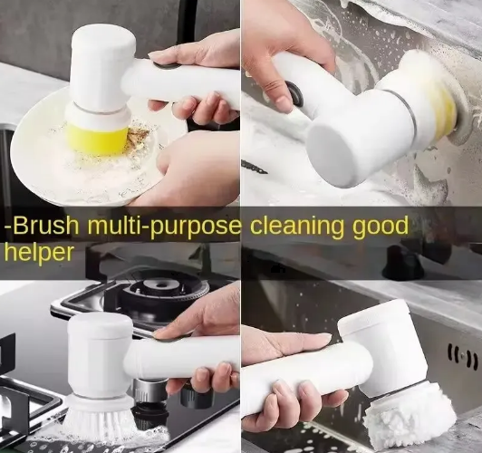 Handheld electric spin scrubber cleaning a plate, tiled surface, stovetop and sink