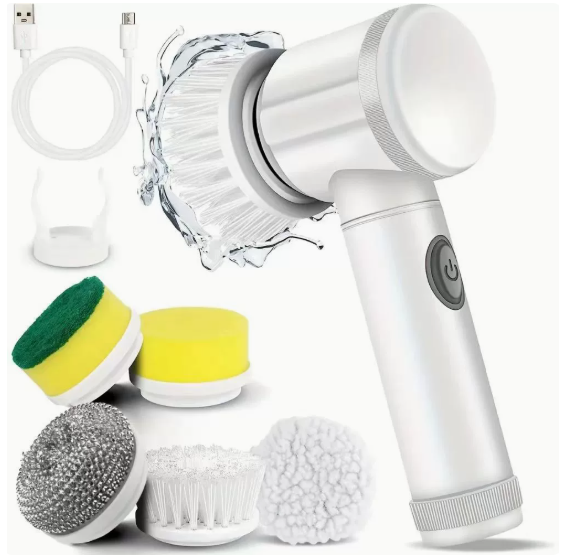 White handheld electric spin scrubber with cleaning attachments and USB cable