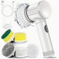 White handheld electric spin scrubber with cleaning attachments and USB cable