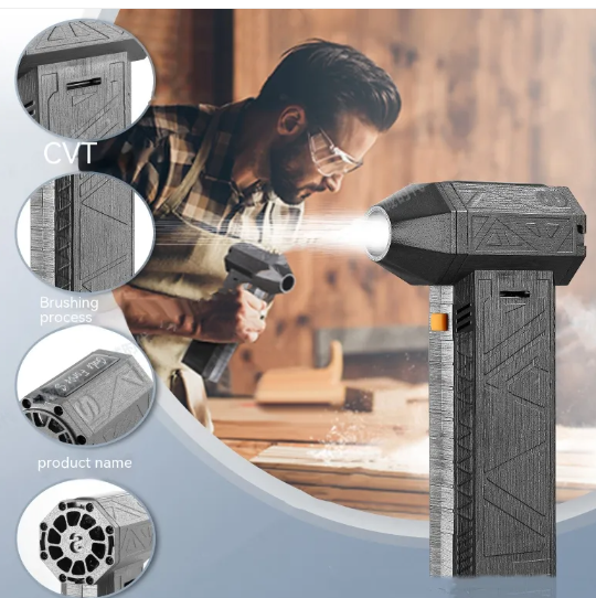 Cordless air duster shown in a workshop, with close-ups of the textured handle, controls and rear air intake