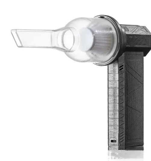 Side view of the cordless air duster fitted with a clear vacuum chamber and narrow suction nozzle