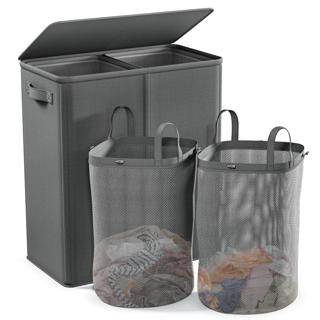 Gray 154L two-section laundry hamper with an open lid and two removable mesh bags