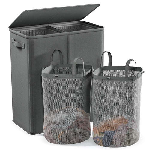 Gray 154L two-section laundry hamper with an open lid and two removable mesh bags