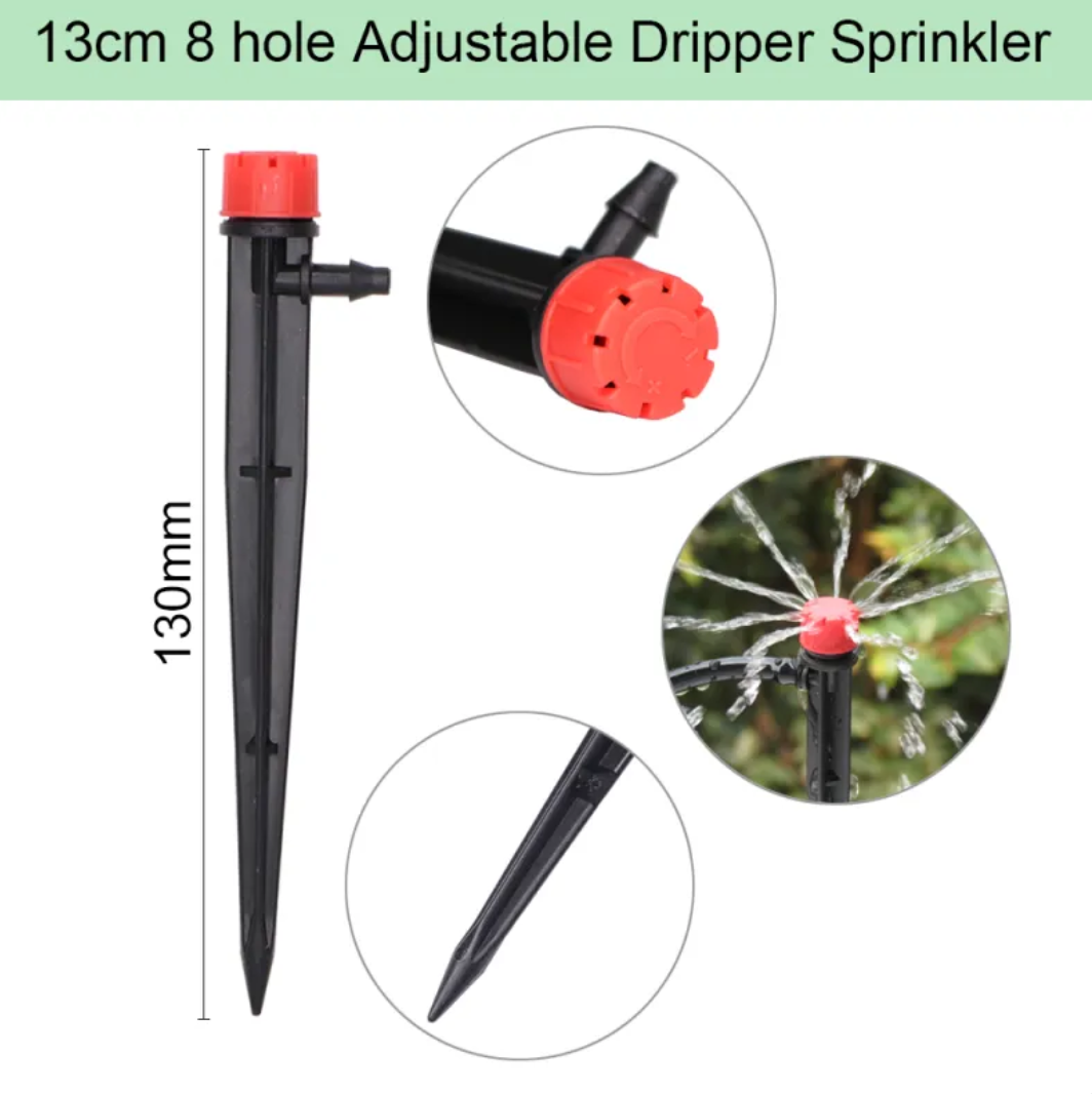 13 cm adjustable irrigation dripper stake with a red eight-hole sprinkler cap and watering demonstration