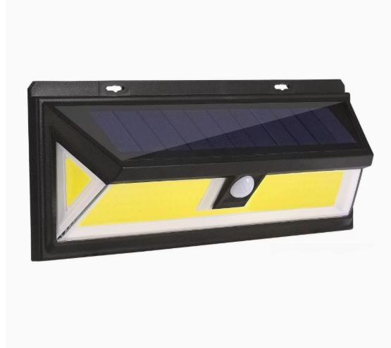 Black solar wall light with top solar panel and front and side LED panels
