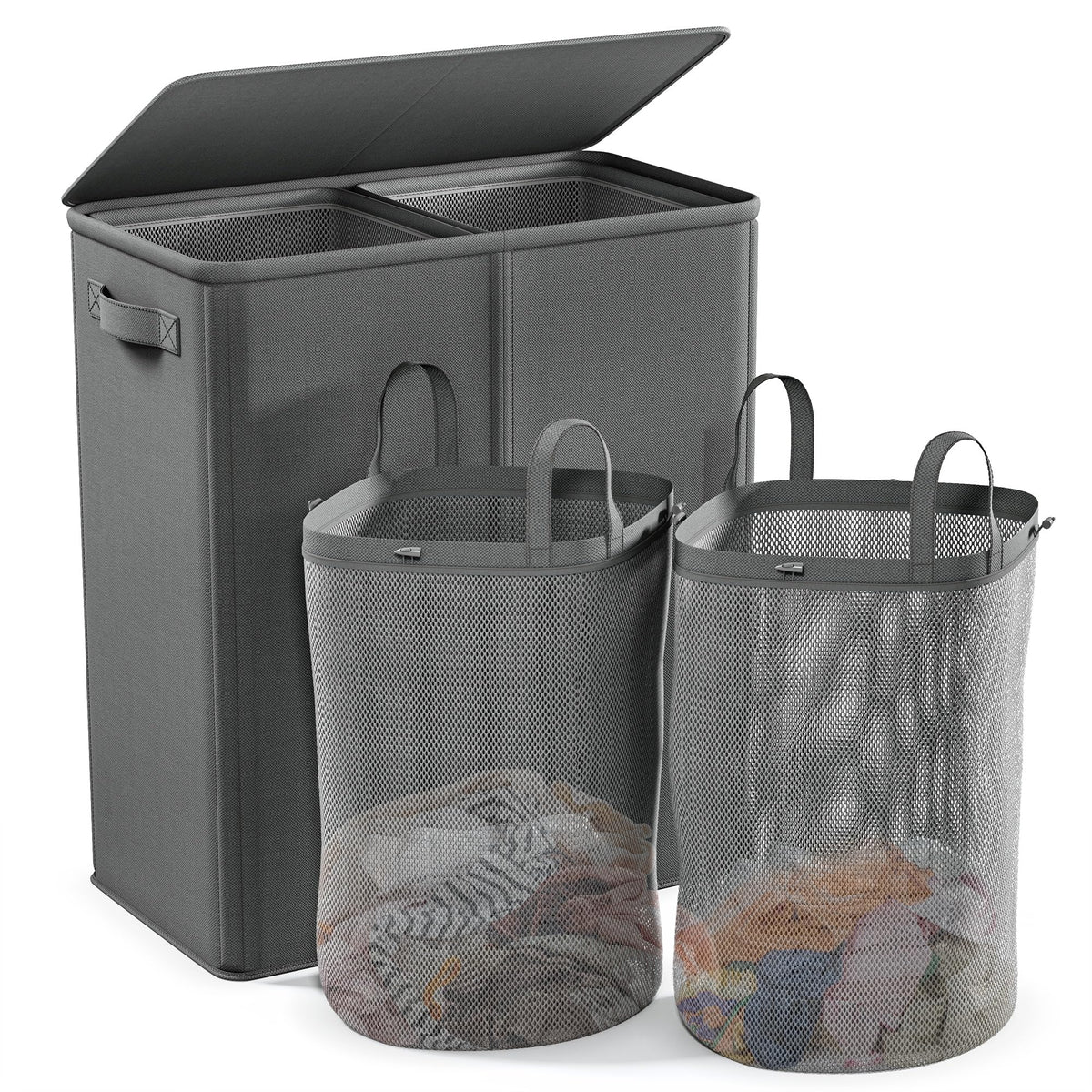 Gray double laundry basket with lid, two sorting sections and removable handled bags