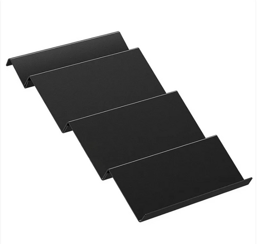 Black four-tier drawer organizer insert with angled rows for spice jars