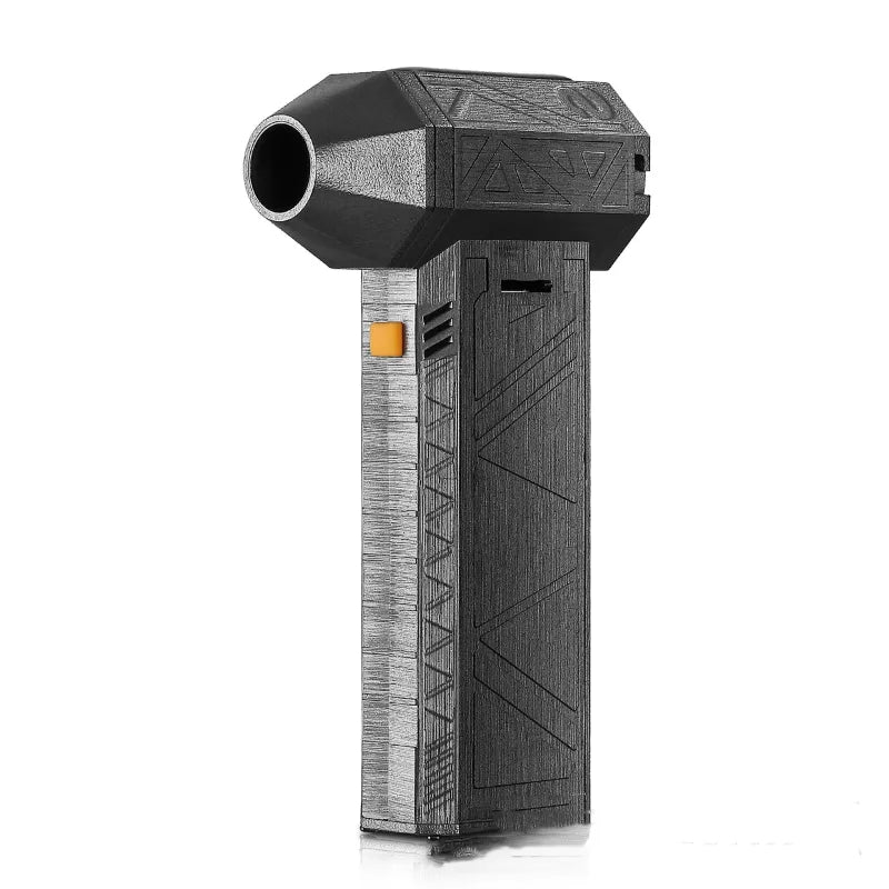 Standard cordless air duster with textured gray body, black nozzle and orange power button on a white background