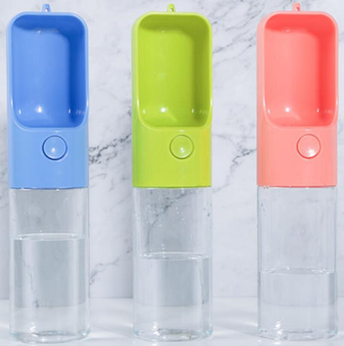 450ml pet travel water bottle with built-in drinking cup shown in blue, green and pink