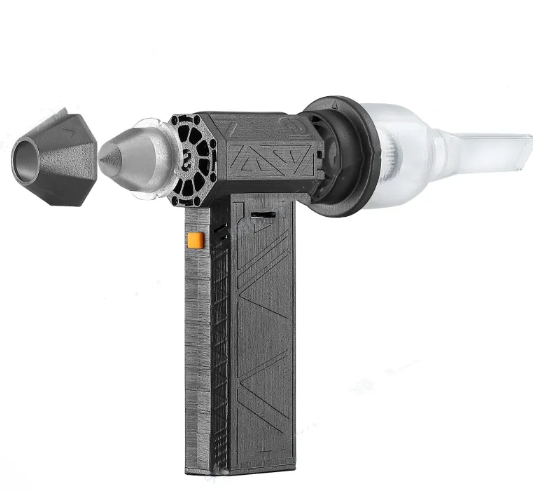 Handheld cordless air duster with removable nozzle and clear mini vacuum attachment